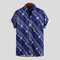 Mens Vintage Floral Printed Chest Pocket Turn Down Collar Short Sleeve Loose Shirts - Blue