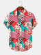 Mens Vintage Floral & Striped Print Button Up Short Sleeve Shirts - Red