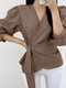 Solid Tie Side Puff Long Sleeve V-neck Blouse For Women - Brown