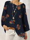 Women Colorful Floral Print Crew Neck Long Sleeve Blouse - Navy