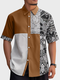 Mens Ethnic Floral Print Color Block Patchwork Lapel Short Sleeve Shirts - Brown