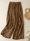 女性ソリッドテクスチャカジュアル巾着ウエストワイドレッグパンツ - 褐色