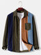 Mens Corduroy Colorblock Patchwork Lapel Button Front Preppy Long Sleeve Shirts - Army Green
