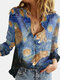 Starry Sky Cat Print Long Sleeve Lapel Shirt For Women - Blue