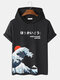 Mens Japanese Wave Print Short Sleeve Drawstring Hooded T-Shirts - Black