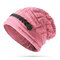 Knit Crochet Buttons Strap Cap Decorative Braids Baggy Beanie Hat - Pink