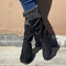 Women's Plus Size Buckle Decor Suede Woolen Warm Zipper Flat Knee Boots - Black