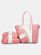 Women 4 PCS Patchwork Striped Handbag Shoulder Bag Crossbody Bag Wallet - Pink