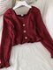Solid Shirred Button Ruffle Square Collar Long Sleeve Blouse - Red