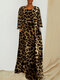 Vintage Leopard Print Pockets Long Sleeve Loose Dress - Coffee