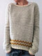 Casual Striped Crew Neck Long Sleeve Sweater - Beige