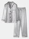 Plus Size Damen Lange Pyjama-Sets mit Kunstseide-Revers und Brusttasche und Kontrasteinfassung - Silber