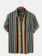 Mens Vintage Striped Print Ethnic Style Short Sleeve Holiday Shirt - Blue