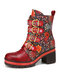 SOCOFY Retro Genuine Leather Floral Pattern Metal Buckle Hook Look Warm Lining Platform Chunky Heel Short Boots - Red