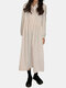 Corduroy Solid Button Lapel Long Sleeve Casual Dress Women - White