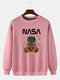 Mens Cartoon Bear Astronaut Print Drop Shoulder Casual Pullover Sweatshirts - Pink