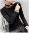 Long-sleeved T-shirt  Stitching Thread Letter Slim Half-high Collar Foreign Body Bottoming Shirt - Black