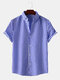 Mens Plain Stripe Turn Down Collar Short Sleeve Shirts - Blue
