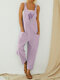 Lavender Embroidery Straps Casual Jumpsuit For Women - Light Purple
