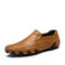 Men Stitching Plaid Low Top Comfy Sole Slip On Leather Shoes - Yellow Brown