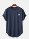Mens Plain Striped High Low Curved Hem Sports Short Sleeve T-Shirts - Navy