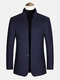 Mens Pure Color Stand Collar Single Breasted Warm Woolen Overcoats - Navy