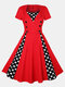 Dot Print Patchwork Short Sleeve Plus Size Vintage Dress for Women - Red