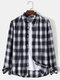 Mens Vintage Plaid Lapel Button Up Casual Long Sleeve Shirts - Navy