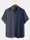 Mens Cool Patchwork Stripe Contrast Color Casual Short Sleeve Shirts - Blue