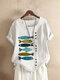 Fish Print Patched Casual Short Sleeve O-Neck Cotton T-shirt For Women - White