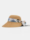 Women Straw Solid Calico Print Streamer Bowknot Decor Breathable Sunshade Foldable Straw Hat - Light Coffee