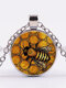 Vintage Honeycomb Bee Women Necklace Alloy Glass Printed Pendant Necklace - Silver