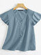 Einfarbige Bluse mit Rüschenärmeln und V-Ausschnitt für Damen - Blau