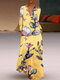 Leaves Flower Print Long Sleeve V-neck Maxi Dress For Women - Yellow