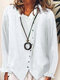 Button Lapel Solid Color Long Sleeve Casual Shirt For Women - White