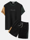 Mens Letter Embroidery Knitted Patchwork Crew Neck Short Sleeve Two Pieces Outfits - Black