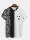 Mens Geometric Funny Face Print Patchwork Knit Short Sleeve T-Shirts - White