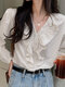 Lace Spliced Ruffle V-neck Long Sleeve Elegant Blouse - White