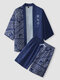 Mens Ethnic Floral Japanese Print Open Front Kimono Two Pieces Outfits - Navy