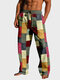 Pantalon droit en patchwork de blocs de couleurs pour hommes avec cordon de serrage à la taille - Multi couleur