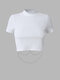Chain Open Back Solid Half-collar Short Sleeve Crop Top - White