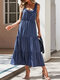 Fungus O-neck Sleeveless Solid Color Casual Dress For Women - Blue