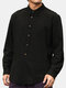 Mens Cotton Linen Solid Casual Long Sleeve Lapel Henley Shirt - Black
