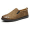 Men Pure Color Leather Soft Slip On Flat Casual Shoes - Camel