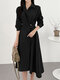 Solid Long Sleeve Belt Lapel Casual Dress - Black