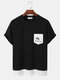 Mens Plant Print Chest Pocket Contrast Patchwork Short Sleeve T-Shirts - Black