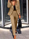 Women Solid Long Sleeve Lapel Two Pieces Suit - Khaki