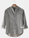 Mens Cotton Vintage Solid Color Casual Fit Stand Collar Long Sleeve Shirts With Pocket - Grey