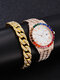 2 Pcs/Set Alloy Men Casual Full Rhinestone Watch Decorated Pointer Calendar Quartz Watch Chain Bracelet - Rose