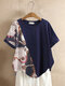 Print Patchwork Plus Size T-shirt for Women - Navy
